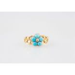 Victorian Gold Turquoise Foliate Cluster Ring central diamond chip on open scroll shoulders