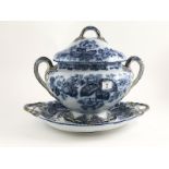 Victorian Spode Soup Tureen on Tray circular form with printed blue strawberry fruit and blossom