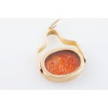 15ct Swivel Fob oval cornelian panel carved with Sanskrit