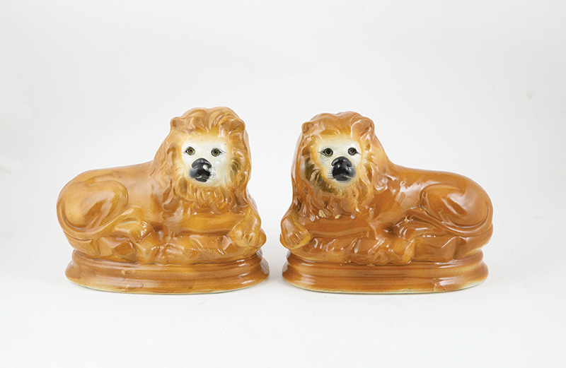 Large Pair Staffordshire Type Reclining Lions 28cm length