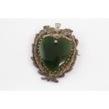 Greenstone Heart Brooch fancy white metal frame of laurel and thistle