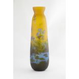 Art Nouveau Style Cameo Glass Mantle Vase elongated cylindrical form, blue and green layers on amber