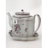 Newhall Teapot on Stand fluted silver shape with famille rose palette, pattern no 354