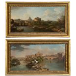 C19th European Pair Grand Tour Style Italianate Townscapes featuring Canals oil on canvas 46 x
