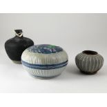 Provincial Ming Circular Box and Cover ribbed circular under glaze blue together with swankhalok pot