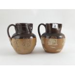 Pair Doulton Lambeth Ale Jugs traditional hunting and tavern scene motifs