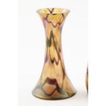 Loetz Iridescent Glass Vase waisted shape with tendril design on a mottled pink ground