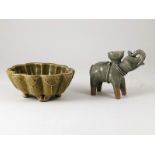 Thai Elephant Ornament light green celadon crackle glaze together with moulded lily pad dish