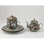 Cantonese Export Ware Teapot together with pot and cover, two dishes all with traditional