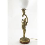 Art Nouveau Cast Brass Table Lamp figured with maiden on scrolling base and shade support 58cm