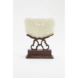 Chinese White Jade Handling Piece on stand, carved and pierced with moth 9cm length