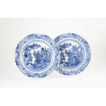 Pair Early C19th Export Ware Plates under glaze blue painted with willow type pattern 23cm dia rim