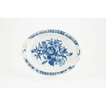 First Period Worcester Handled Oval Tray in a rose three flower pattern Underglaze blue filled in