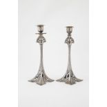 Pair Of WMF Art Nouveau Eiffel Tower Candlesticks with pierced decoration to the shoulders and