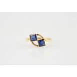 Victorian 18ct Two Stone Sapphire Ring square cut rub-over set on cross-over frame