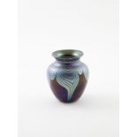 Okra Iridescent Glass Vase by Richard Golding ovoid from with trailing peacock feather design the