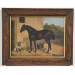 Late C19th/Early C20th British Black Mare & Dog oil on board 18 x 25.5cm