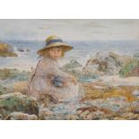 British School Young Girl in Straw Hat on Seashore watercolour 32 x 42.5cm