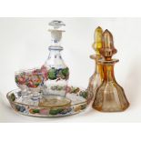 Early C20th Six Piece Liqueur Set painted with rose and floral frieze with pair amber flash cut