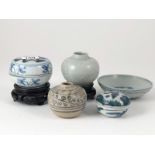 Five Provincial Ming Ointment Pots and Boxes under glazed blue, buff and celadon