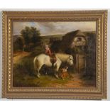 Early C20th British Young Girl with Pony & Dogs oil on canvas 40 x 50cm