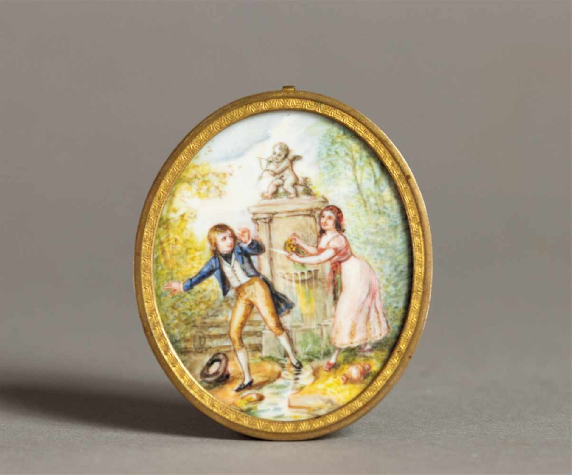 Unknown artist, ivory miniature in gilded frameA Biedermeier oval miniature , circa 1830Signed lower