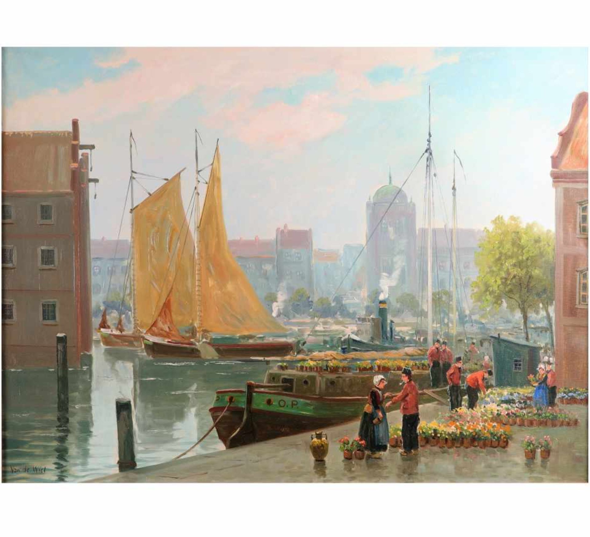 Van de WIEL, 20th centuryVan de WIEL(Dutch, 20th century)“Flower Market on the Harbor“Signed lower