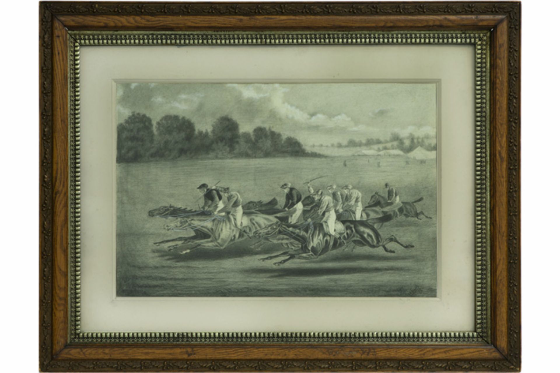 GOOSSENS JOSEPH (19°/20° EEUW) tekening "Paardenkoers" - 38,5 x 57 getekend - [...]