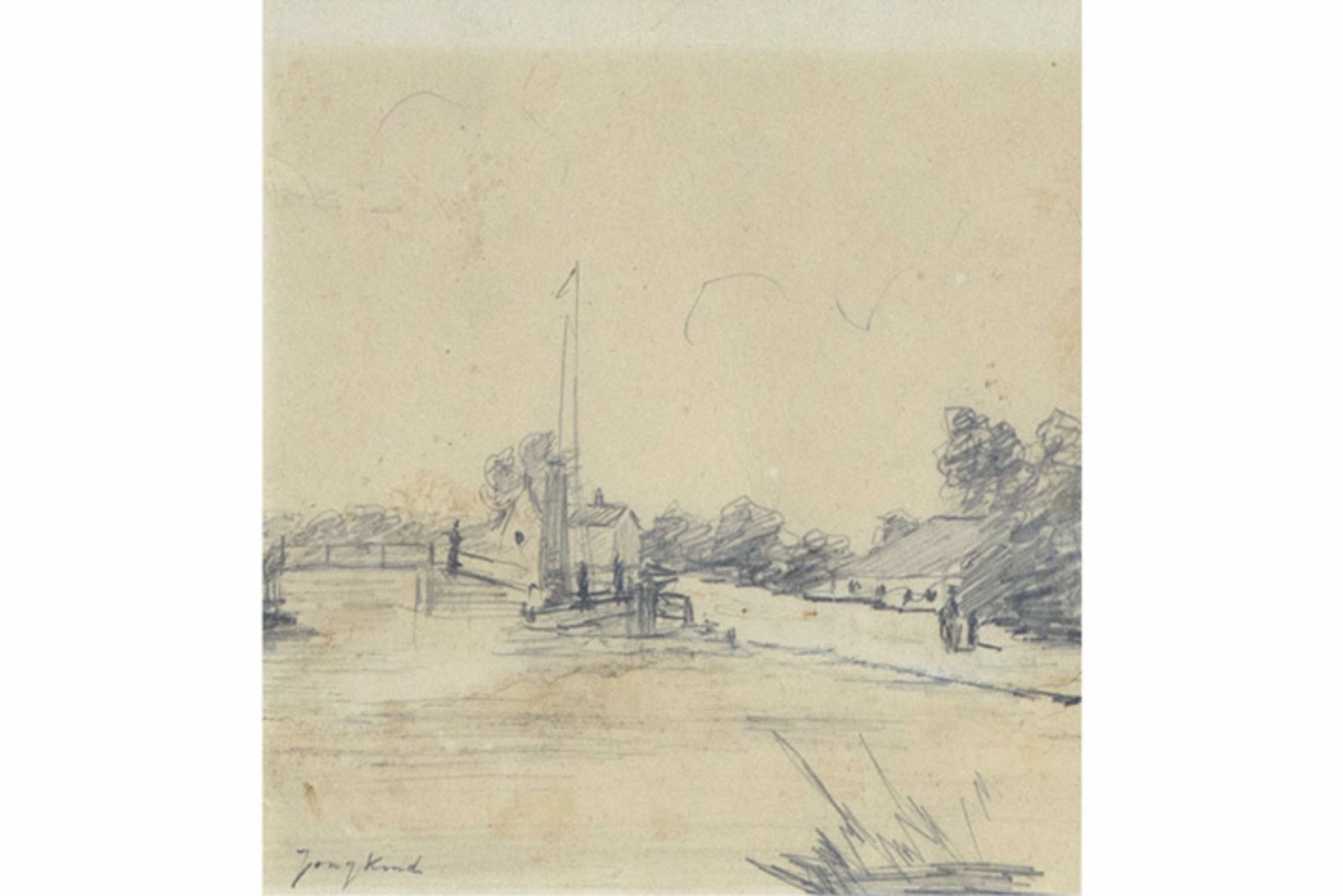 JONGKIND JOHAN BARTHOLD (1819 - 1891) tekening : "Landschap" - 14 x 13,5 getekend [...] - Image 2 of 3