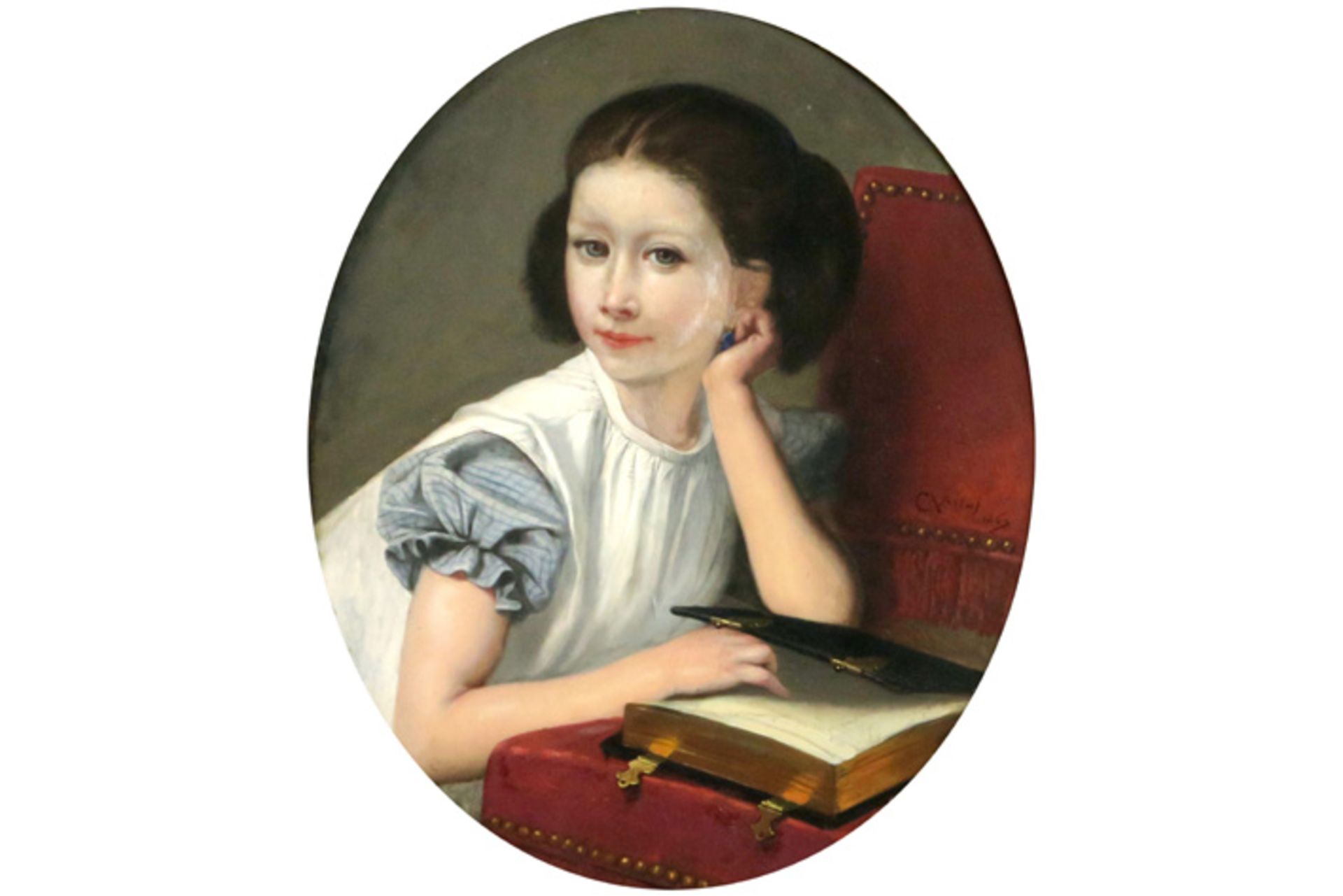 VERLAT C. ovaal olieverfschilderij op paneel : "Meisje met boek" - 54 x 45 getekend [...] - Bild 2 aus 3