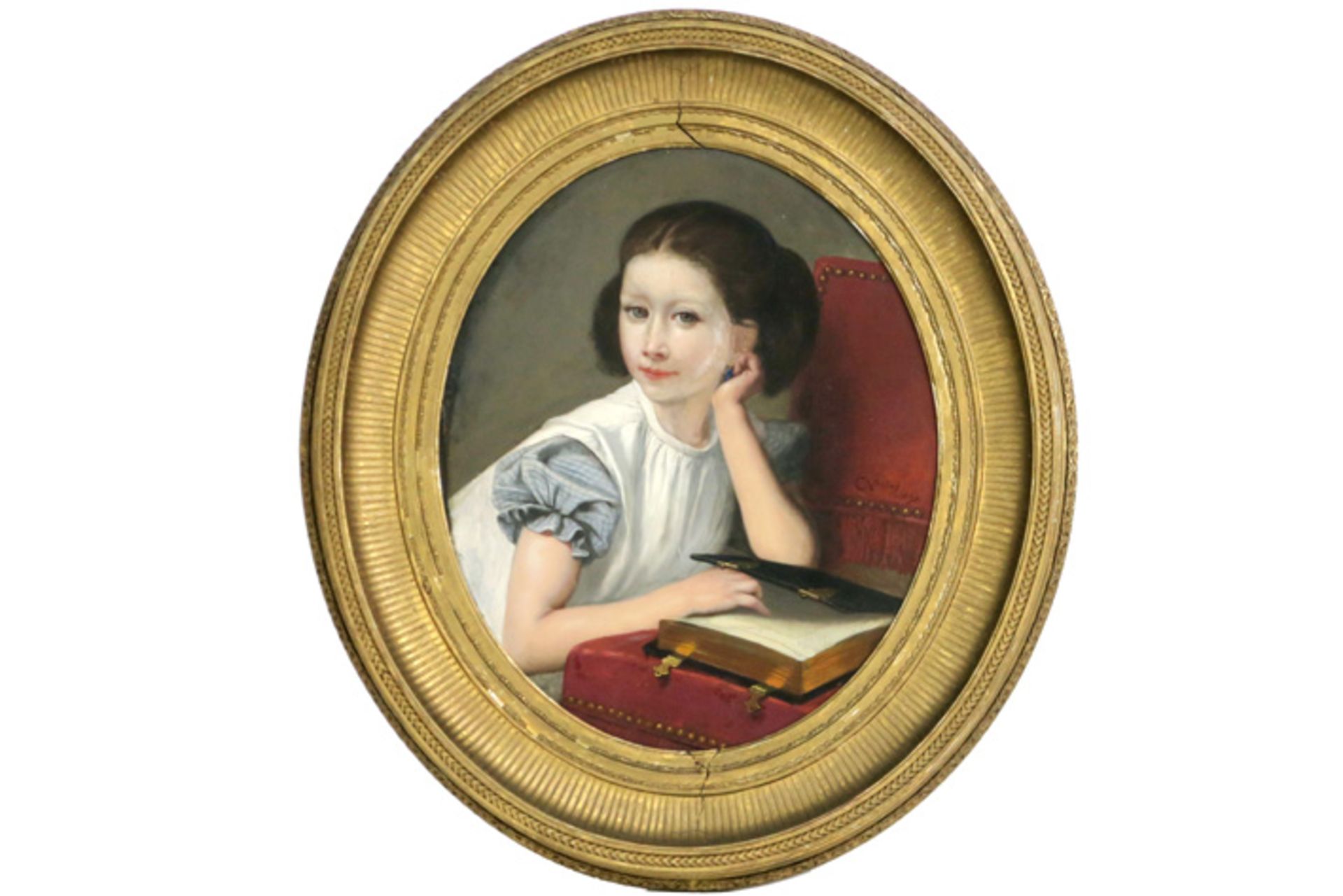VERLAT C. ovaal olieverfschilderij op paneel : "Meisje met boek" - 54 x 45 getekend [...]