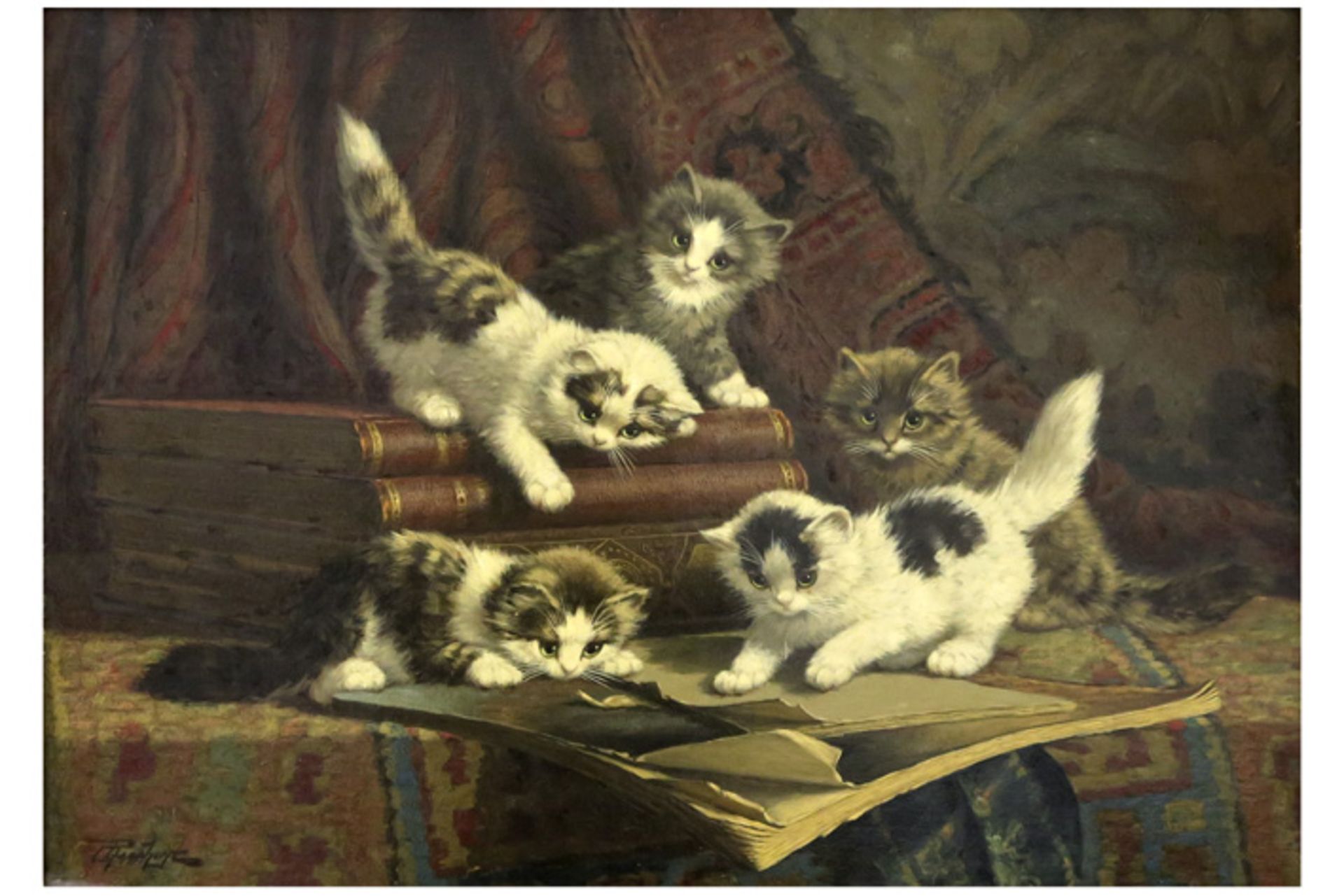 20th Cent. Dutch "Cornelis Raaphorst" oil on canvas with a typical theme with kittens [...] - Bild 2 aus 4