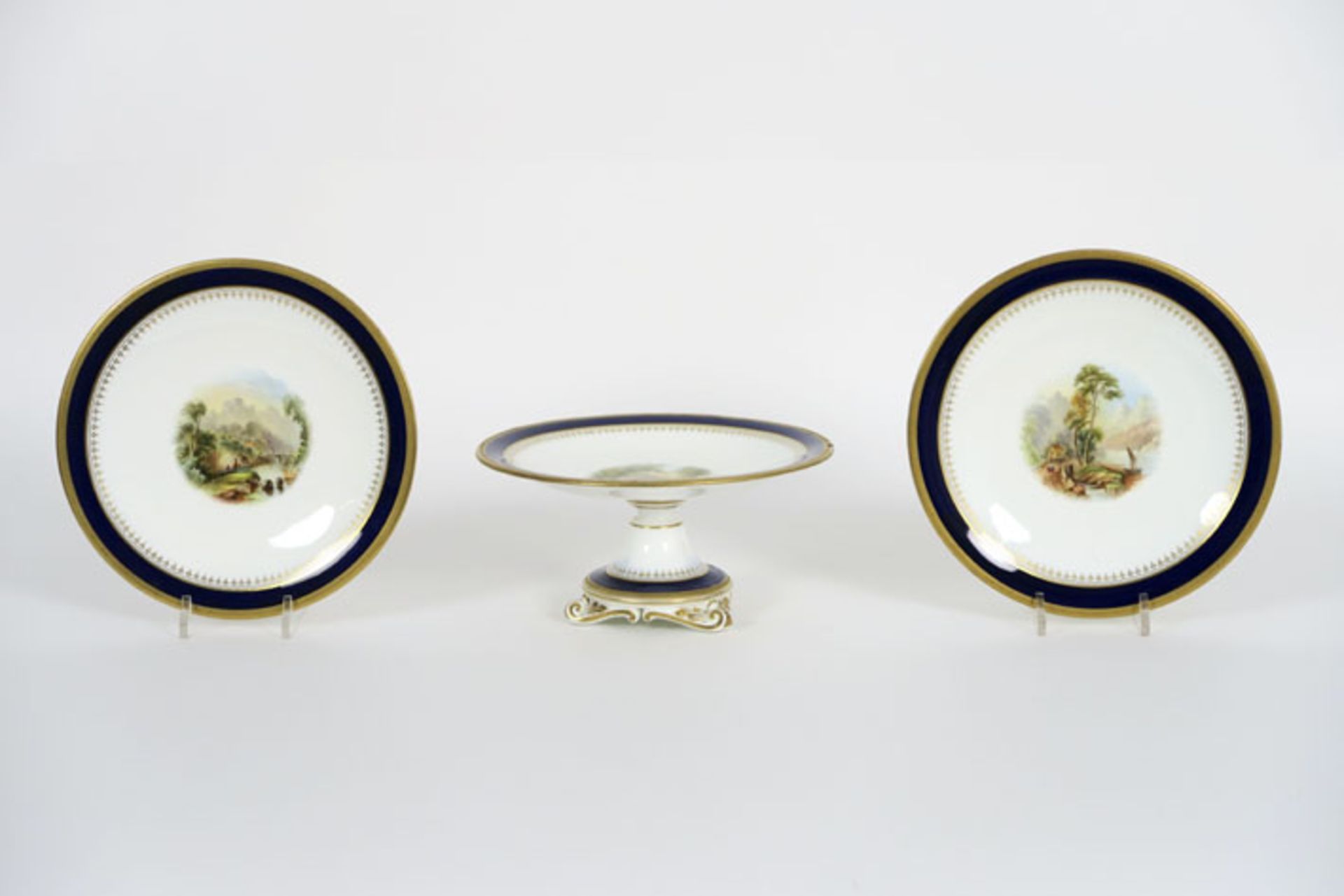 antique set of a tazza and a pair of plates in porcelain marked "James Green & nephew [...]