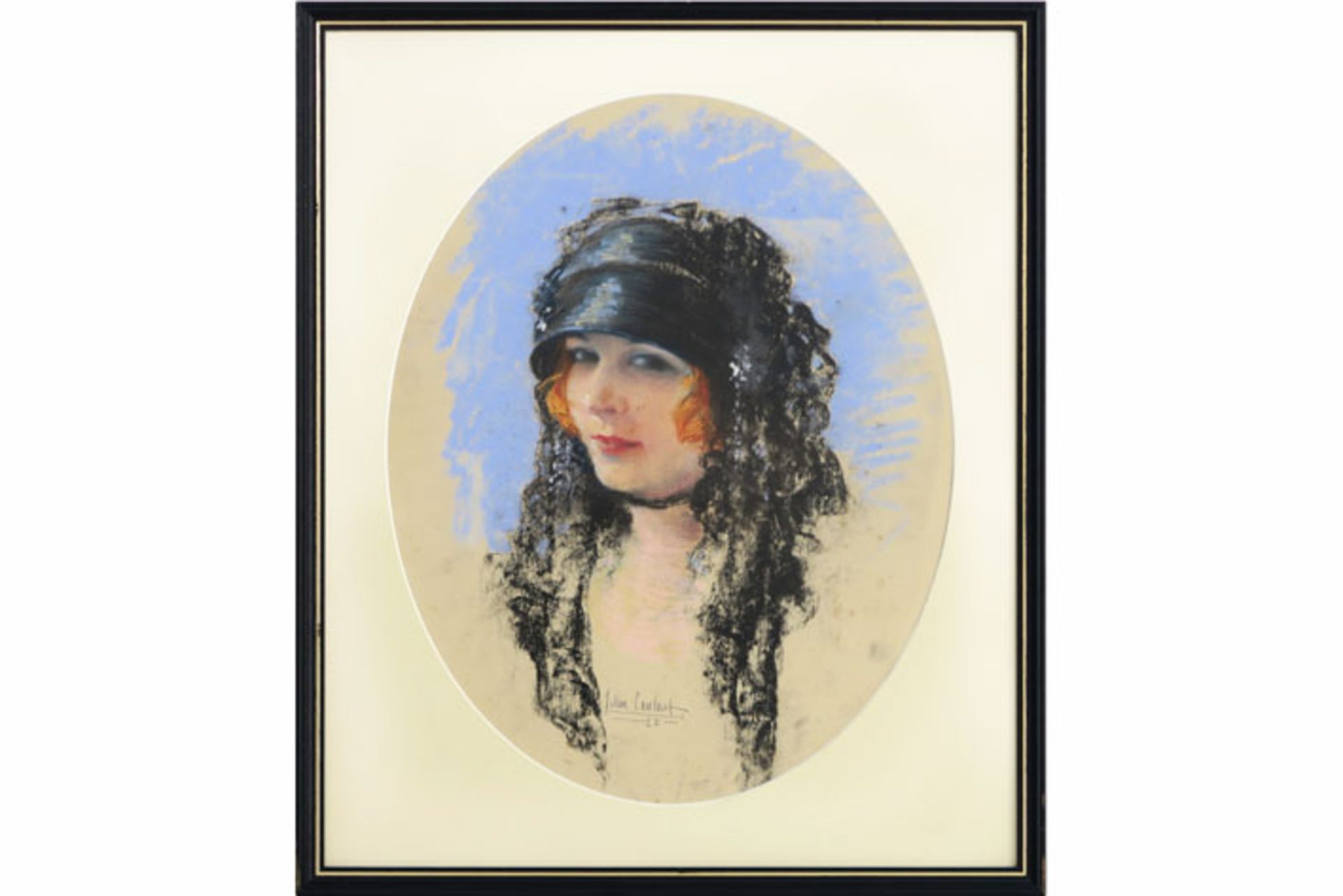 oval 20th Cent. Belgian mixed media painting - signed J. Van Caulaert and dated 1922 [...]