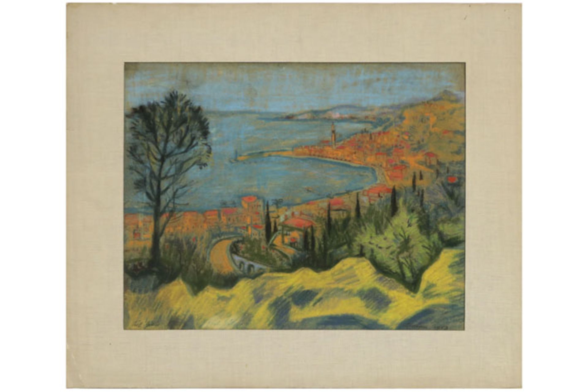 mid 20th Cent. Belgian pastel with a view of Menton - signed Piet Gilles - - [...]