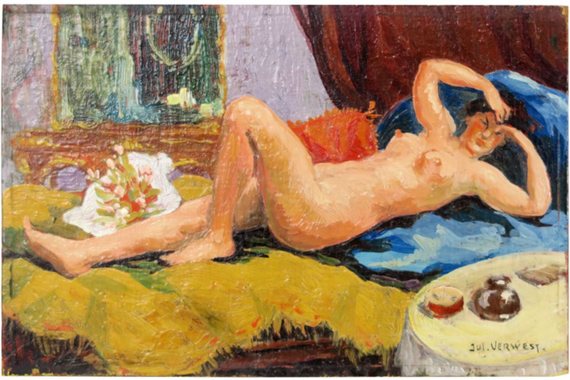 VERWEST JULES (1883 - 1957) klein olieverfschilderij op paneel : "Vrouwelijk naakt" [...]