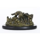 Kleine antieke sculptuur in brons : "Jachthond" - breedte : 9 cm - op marmeren [...]