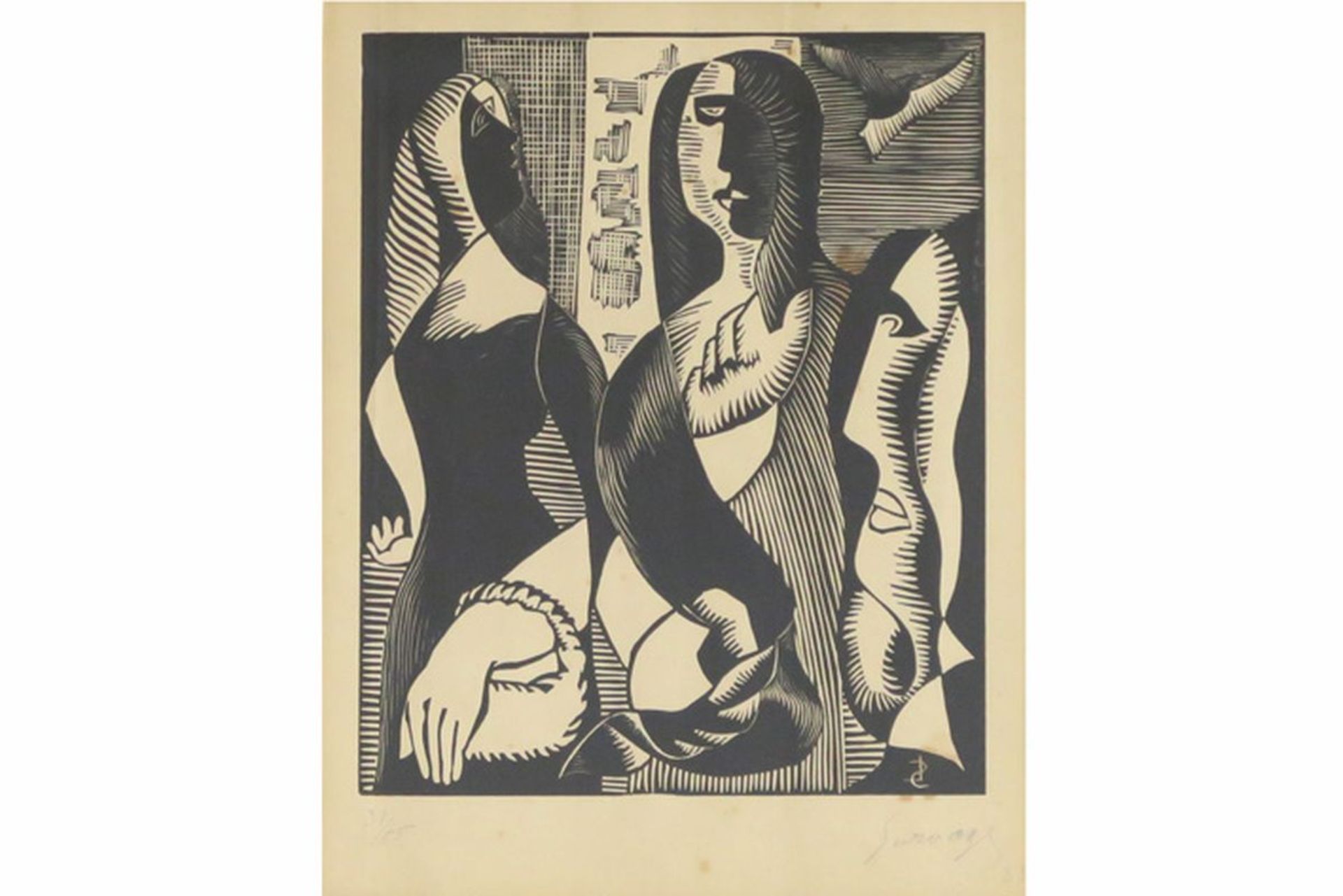 SURVAGE LÉOPOLD (1879 - 1968) houtsnede n° 31/55 : "Twee vrouwen" - 21,5 x 18 [...] - Bild 2 aus 3