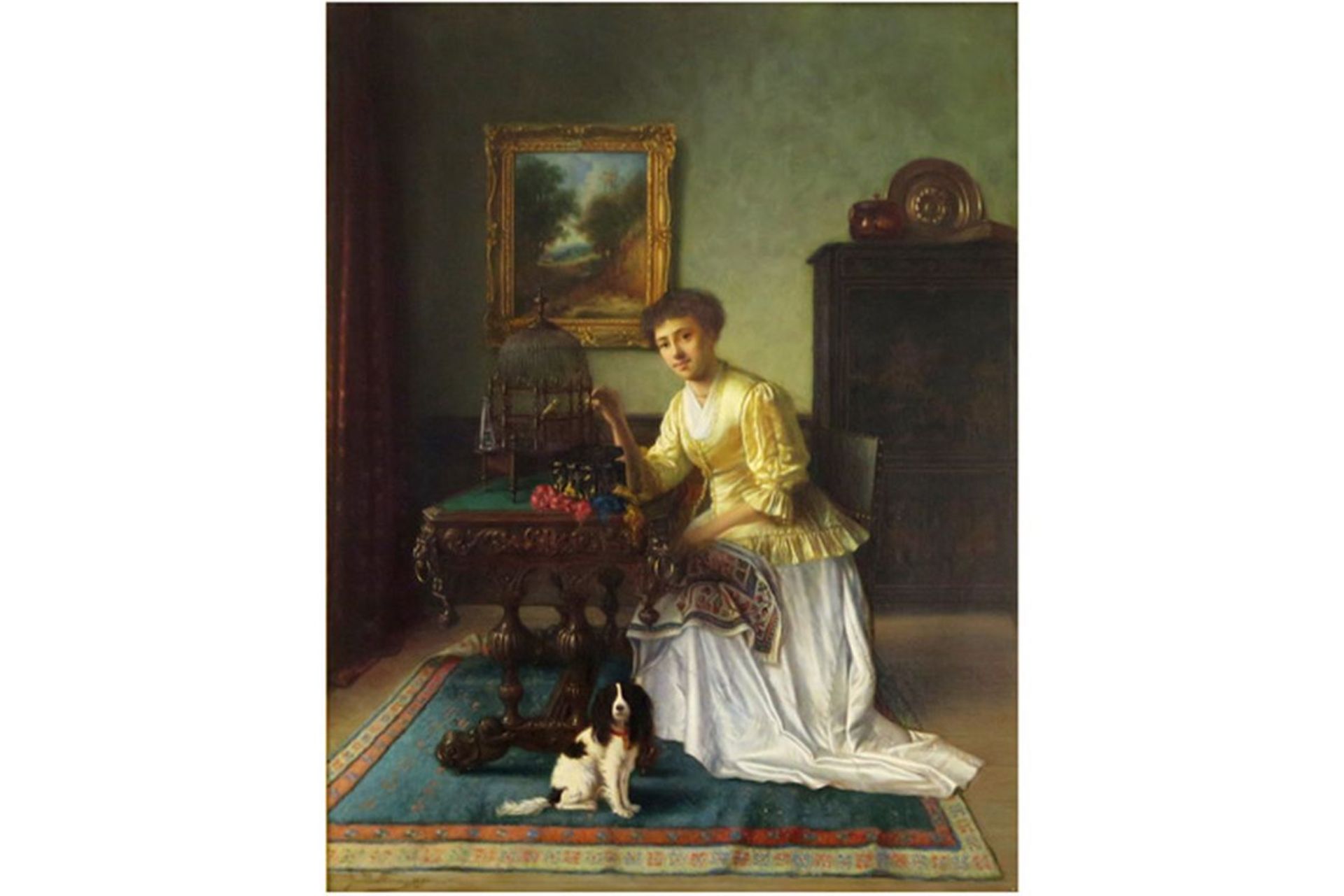 STEVENS JEAN DANIEL (1850 - 1920) olieverfschilderij op paneel : "Jonge dame met hond [...] - Bild 2 aus 6