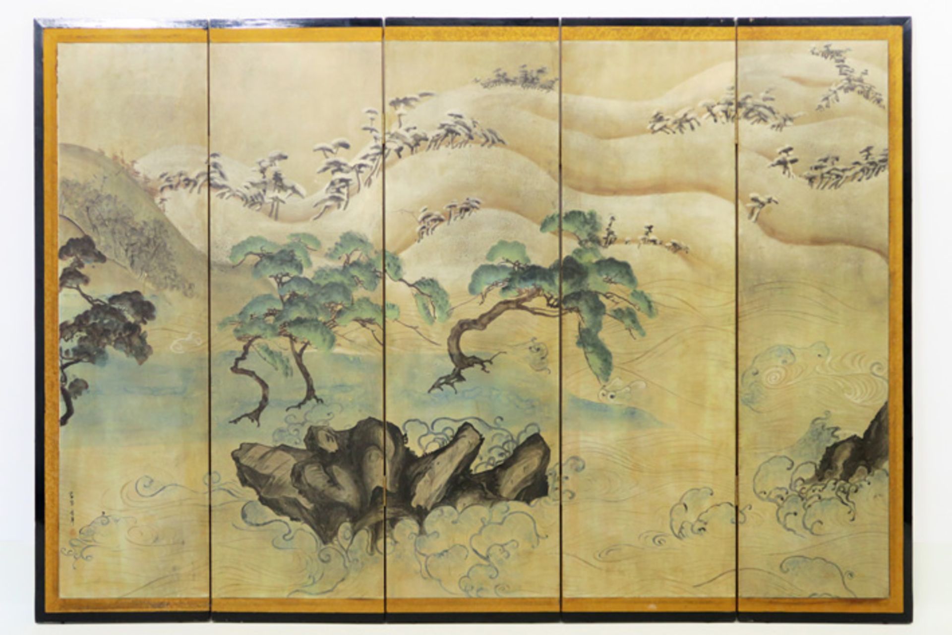 Antieke Chinese paravent met vijf luiken met typische landschapschildering - 154,5 [...]