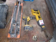 Dewalt DW938 cordless reciprocating saw, Dewalt 18v drill, tile cutter. Located The Nurseries, New