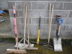 Assorted hand tools including rakes, shovels, pick axe, 2 x wheelbarrows. Located The Nurseries,