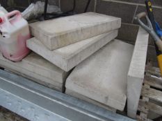 18 x patio slabs, 450mm x 450mm, approx. 13 x coping and approx. 14 drainage stones. Located The