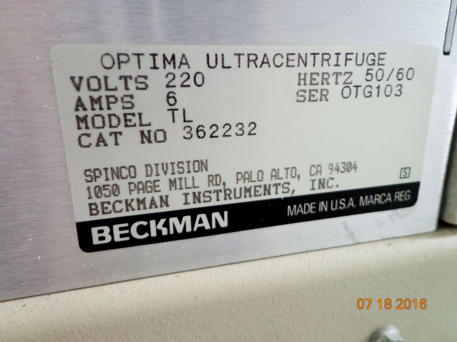 Beckman Optima TL Ultracentrifuge, cat no. 362232, serial number OTG103 (Ref: WA11162) - Image 4 of 7