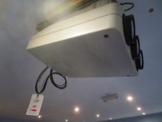 Barcodata 701 ceiling mountable projector, wall mounted speakers, and projector screen