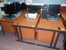 Four hardwood effect desks, including 2 double pedestal and 1 double pedestal with return