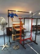 Seven collapsible tables, clothes rail, display units and two office fans (as lotted)