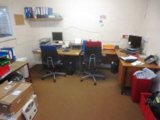 Two various oak office/steel framed desks, steel framed rectangular table, light oak effect computer