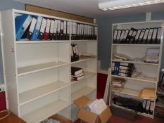 Three bays of steel adjustable bookcases/racks, cream