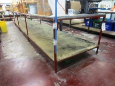 Two steel frame work tables, approx 3670 x 1220mm per table